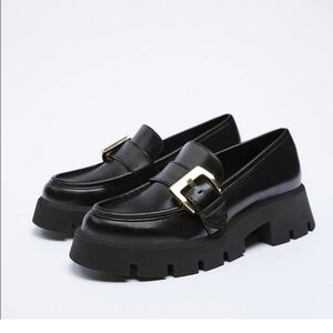 Zara black loafers with gold buckle! Never worn!